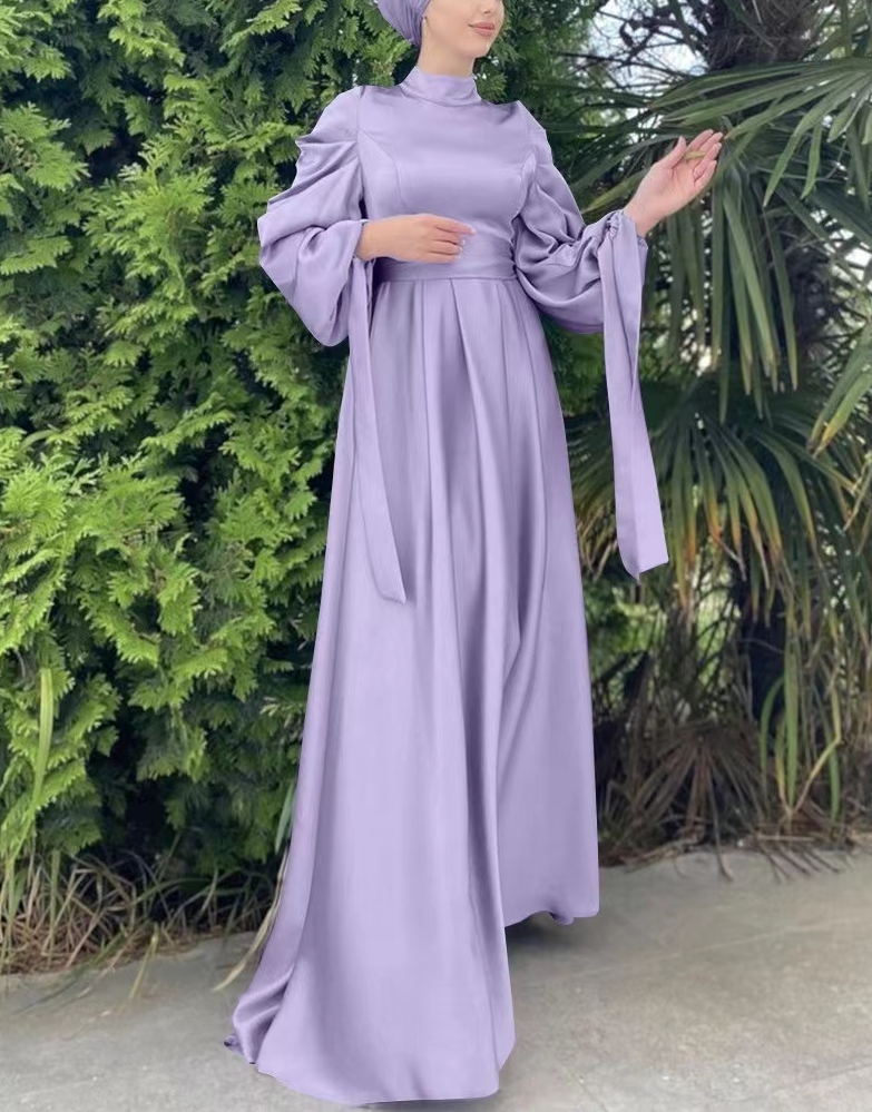 Plain Stand Collar Satin Puff Sleeve Dress