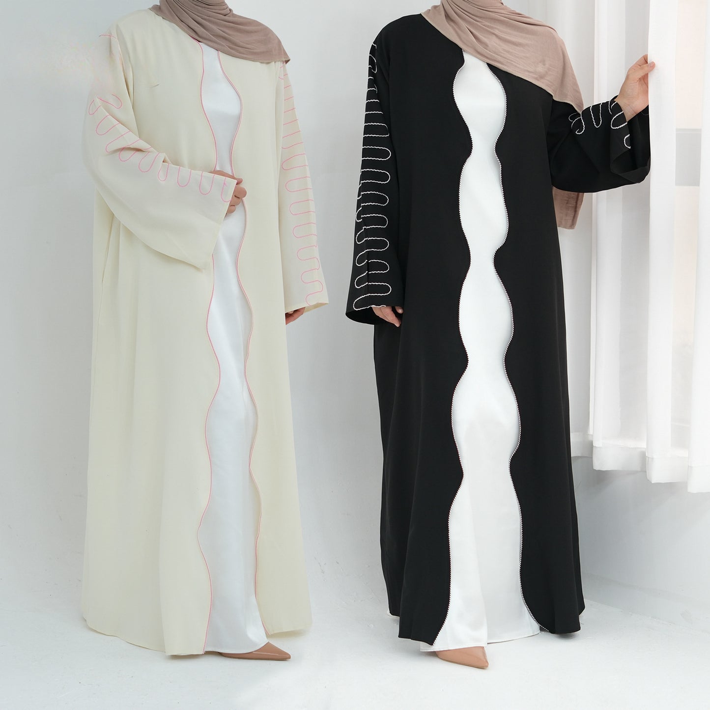 Women's Embroidered Wavy Cardigan Open Abaya