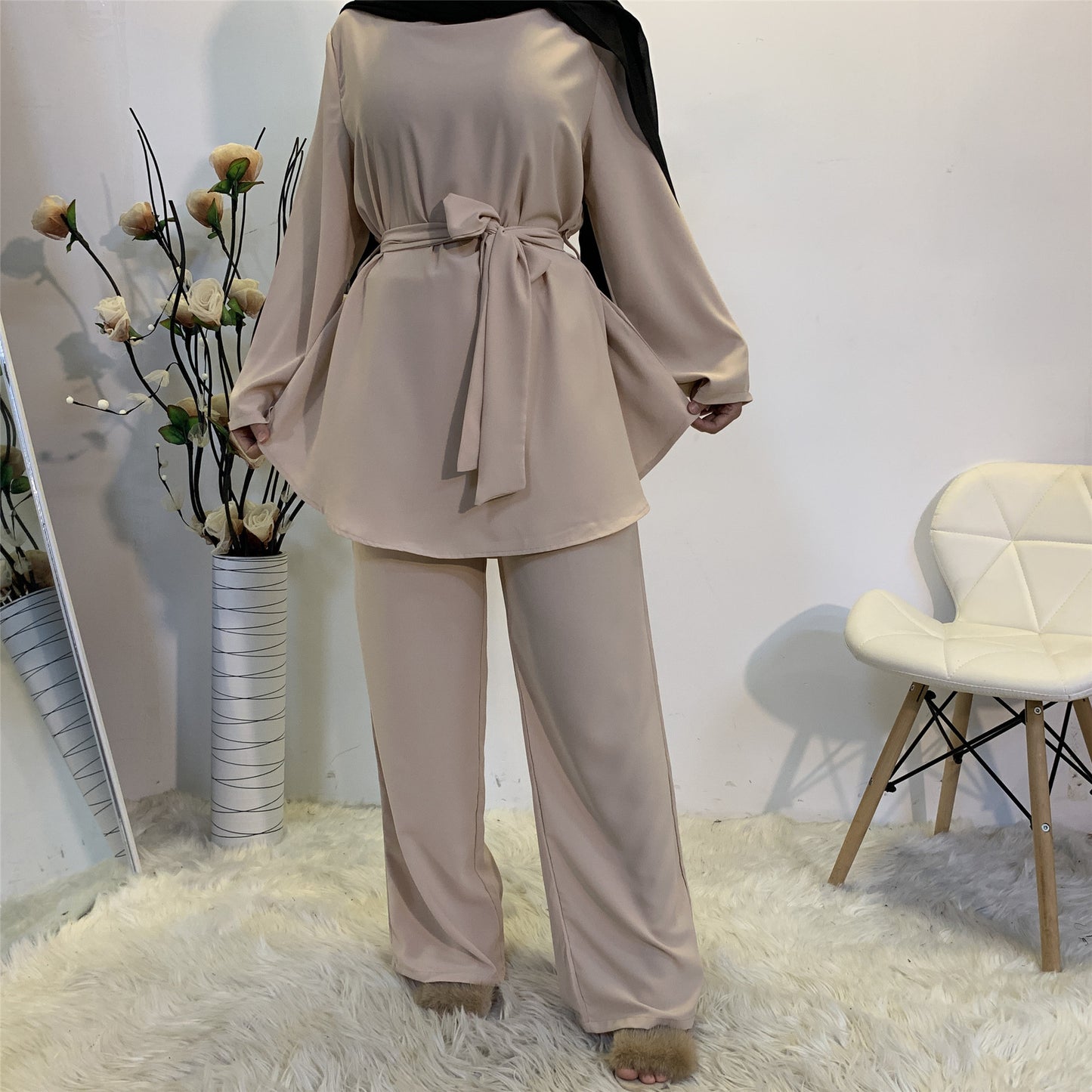 Simple Wide Leg Pants Lace-Up Set