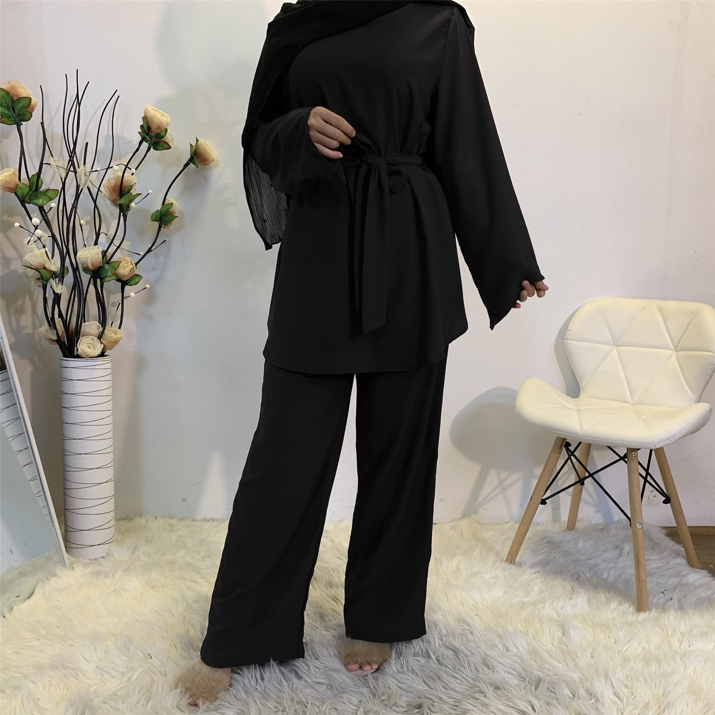 Simple Wide Leg Pants Lace-Up Set