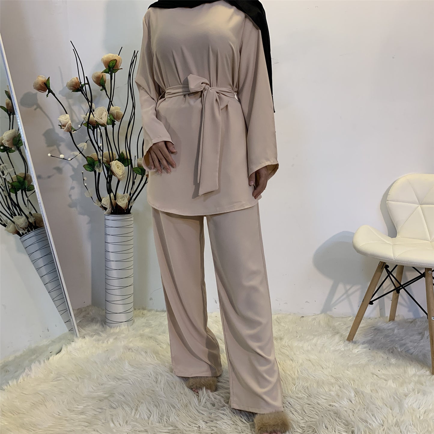 Simple Wide Leg Pants Lace-Up Set