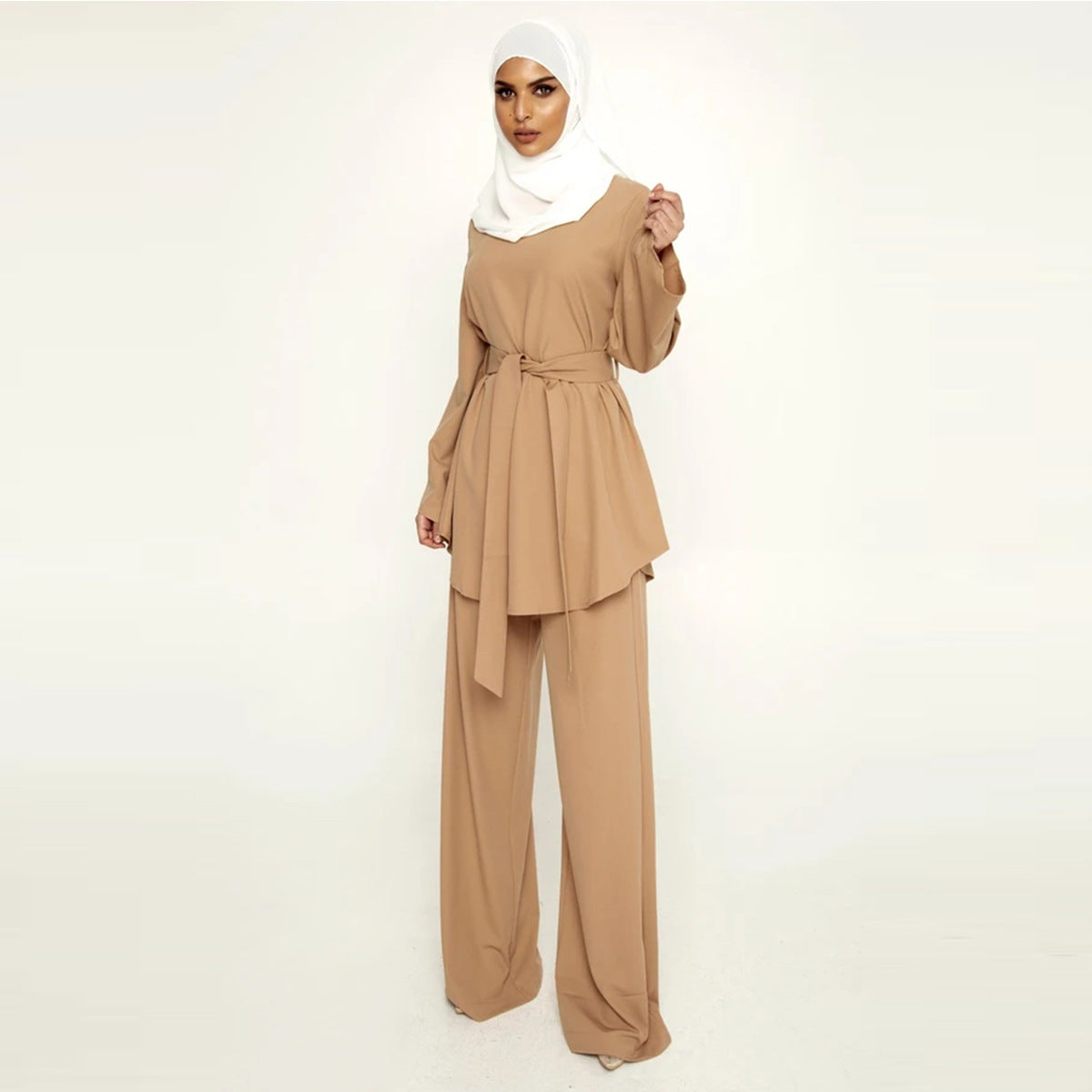 Simple Wide Leg Pants Lace-Up Set