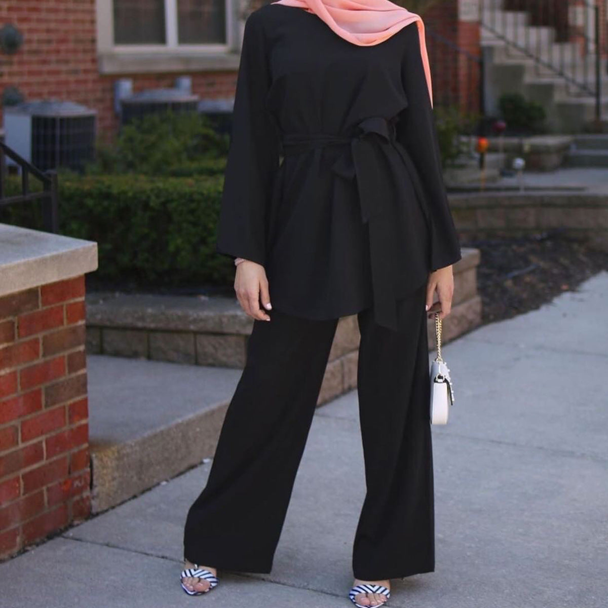Simple Wide Leg Pants Lace-Up Set
