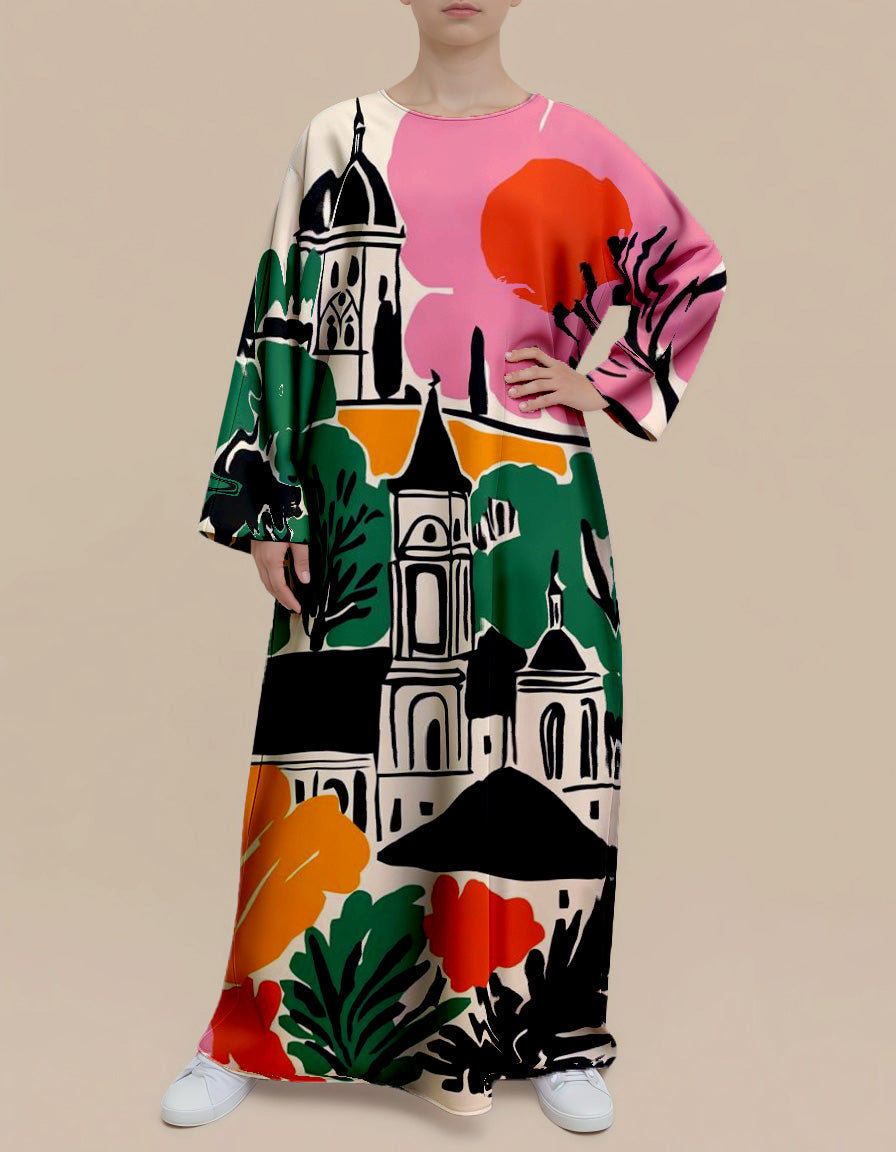 Artistic City Print Nursing Kaftan Dress – Modest Vacation Wear
