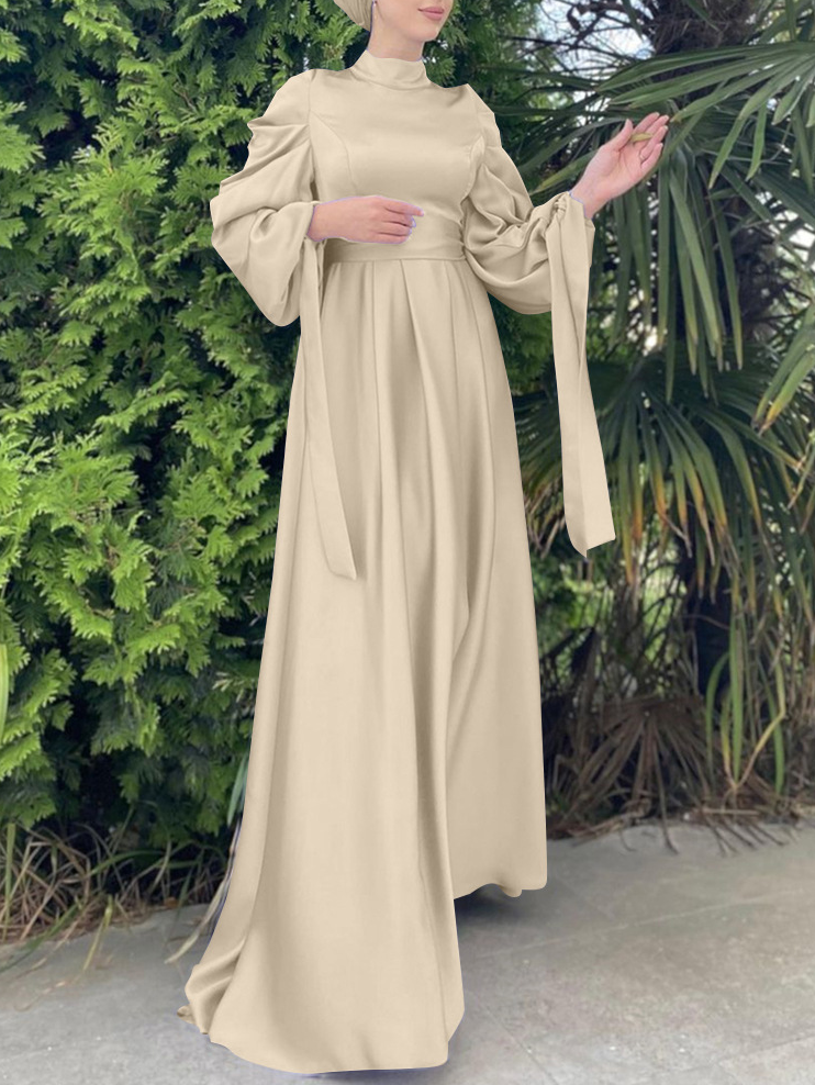 Plain Stand Collar Satin Puff Sleeve Dress