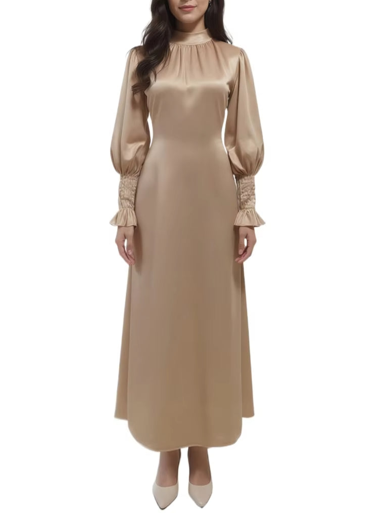 Modest Solid Satin Tie Back Pleats Cuff Maxi Dress