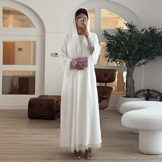 White Lace Trim Abaya with Matching Scarf Elegant Chiffon Robe