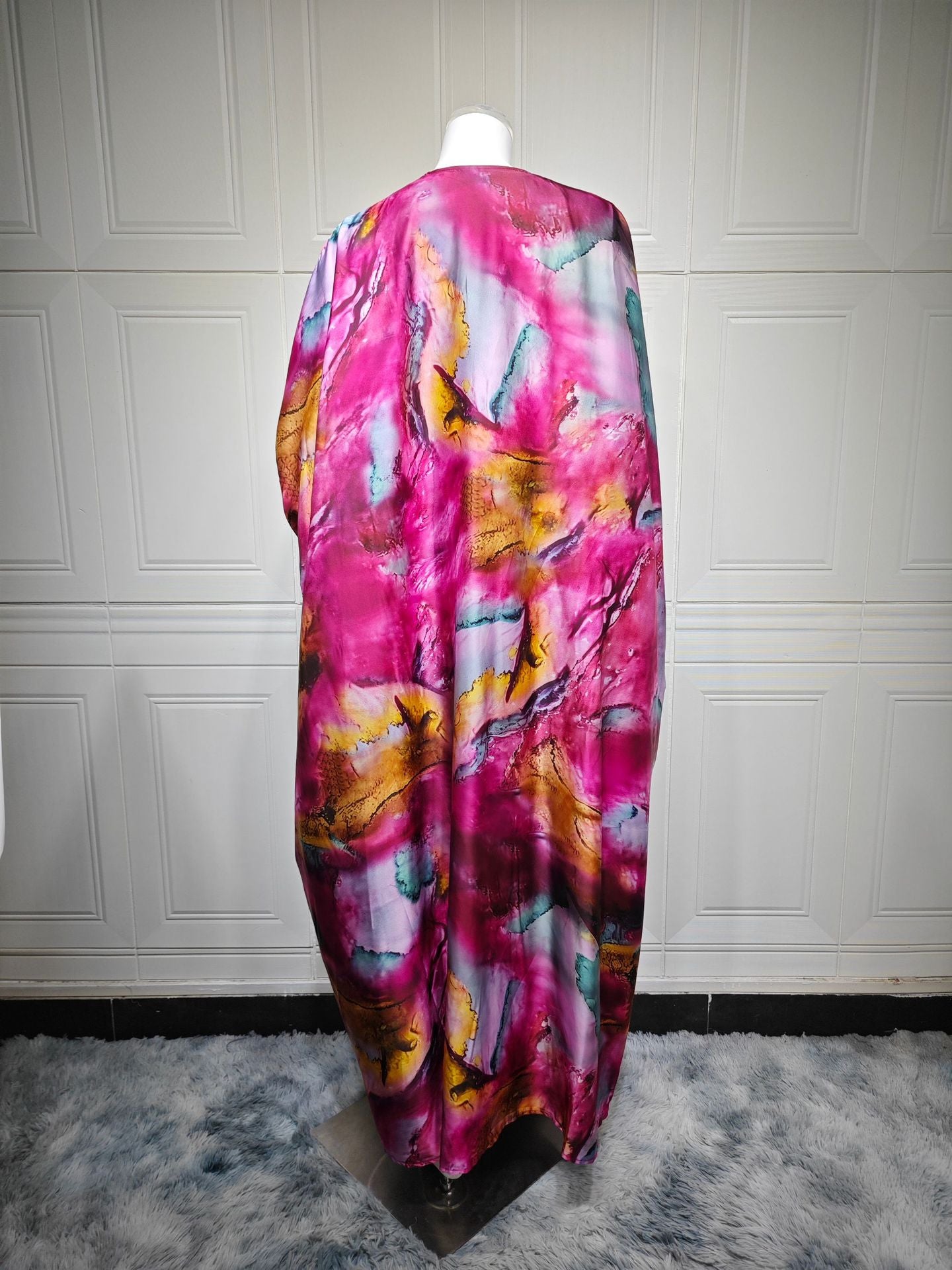 Modest Summer Fashion Satin Print Robe with Headscarf