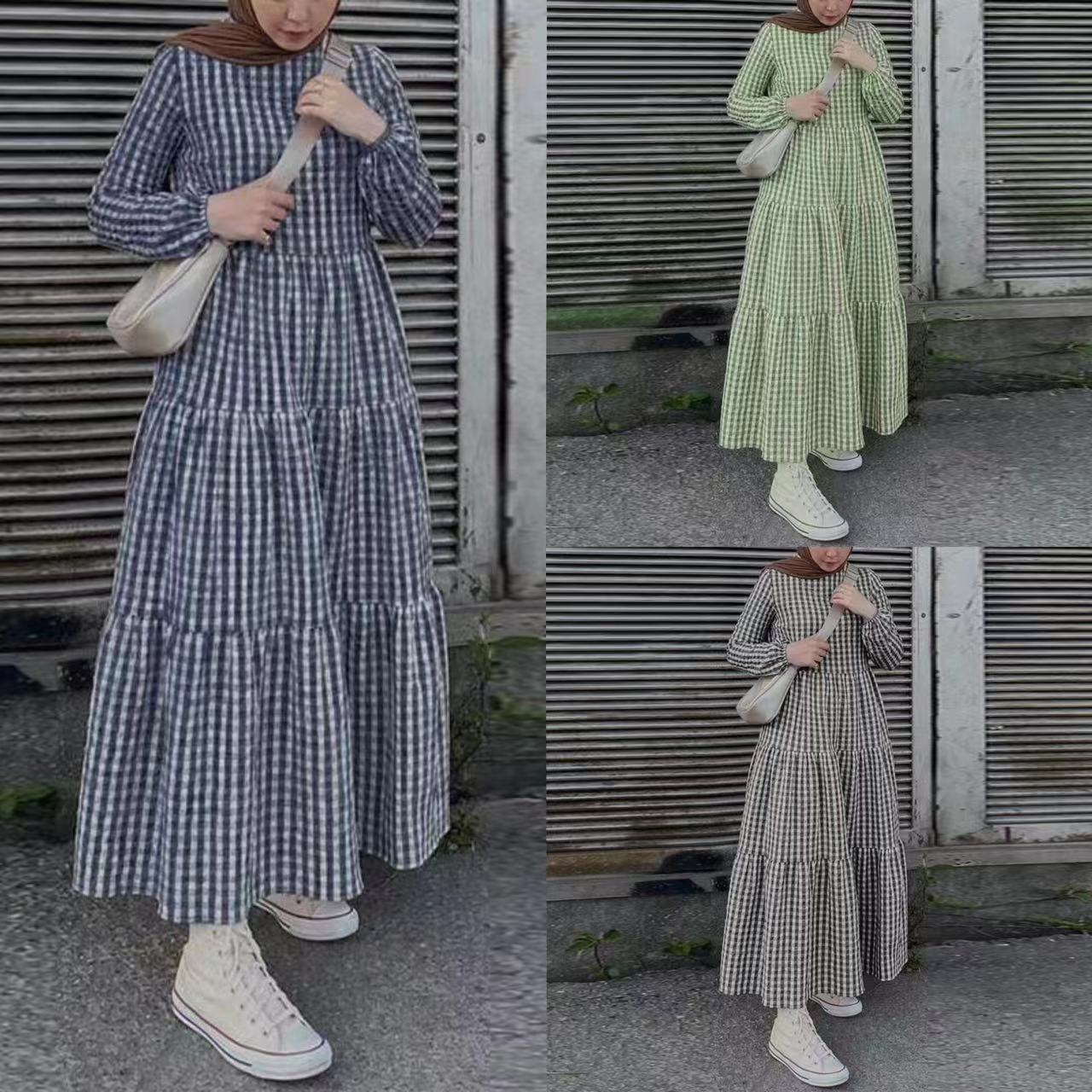 Women's Elastic Sleeve Crewneck Casual Dress