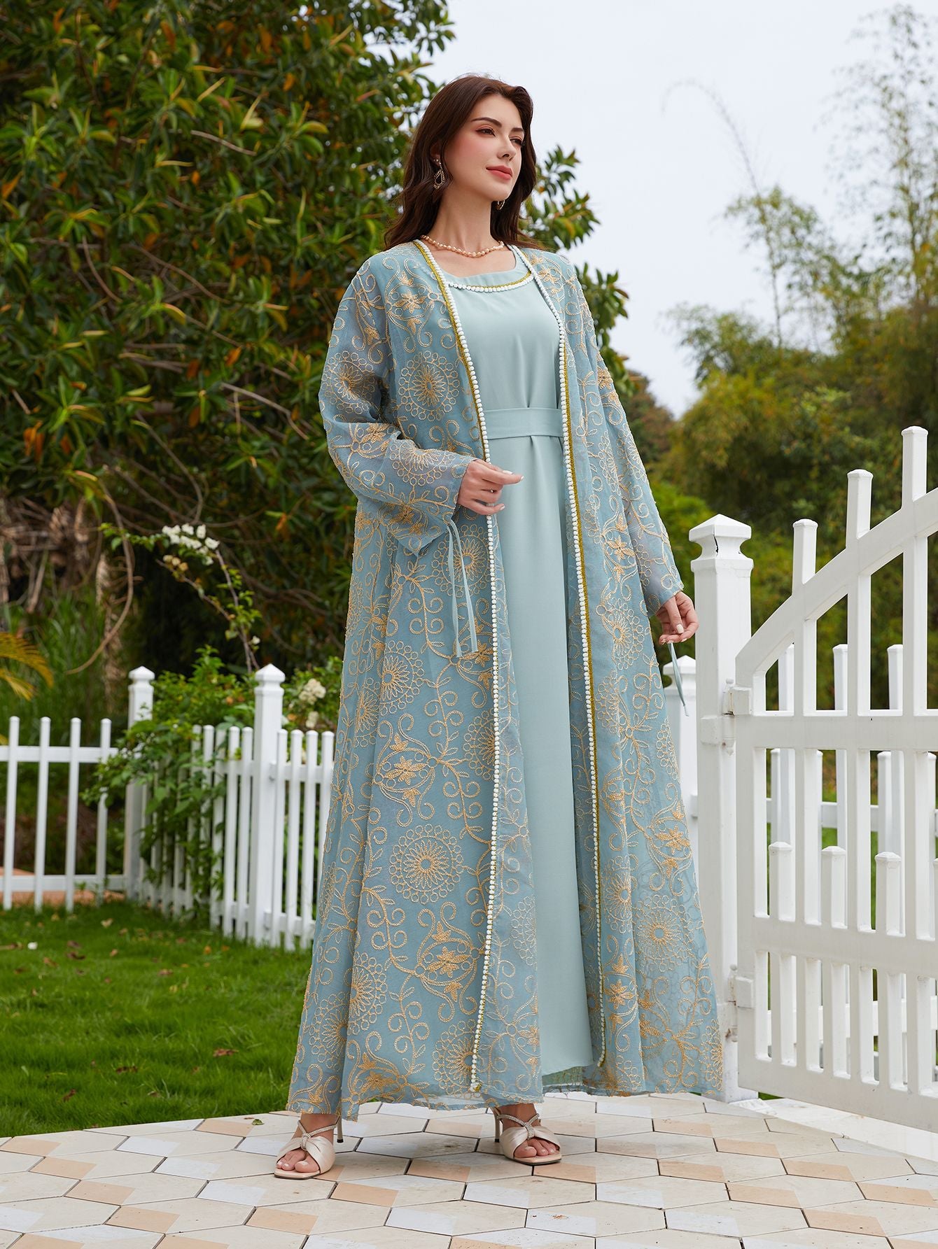 Dubai Muslim Jacquard Two-Piece Maxi Abaya Set
