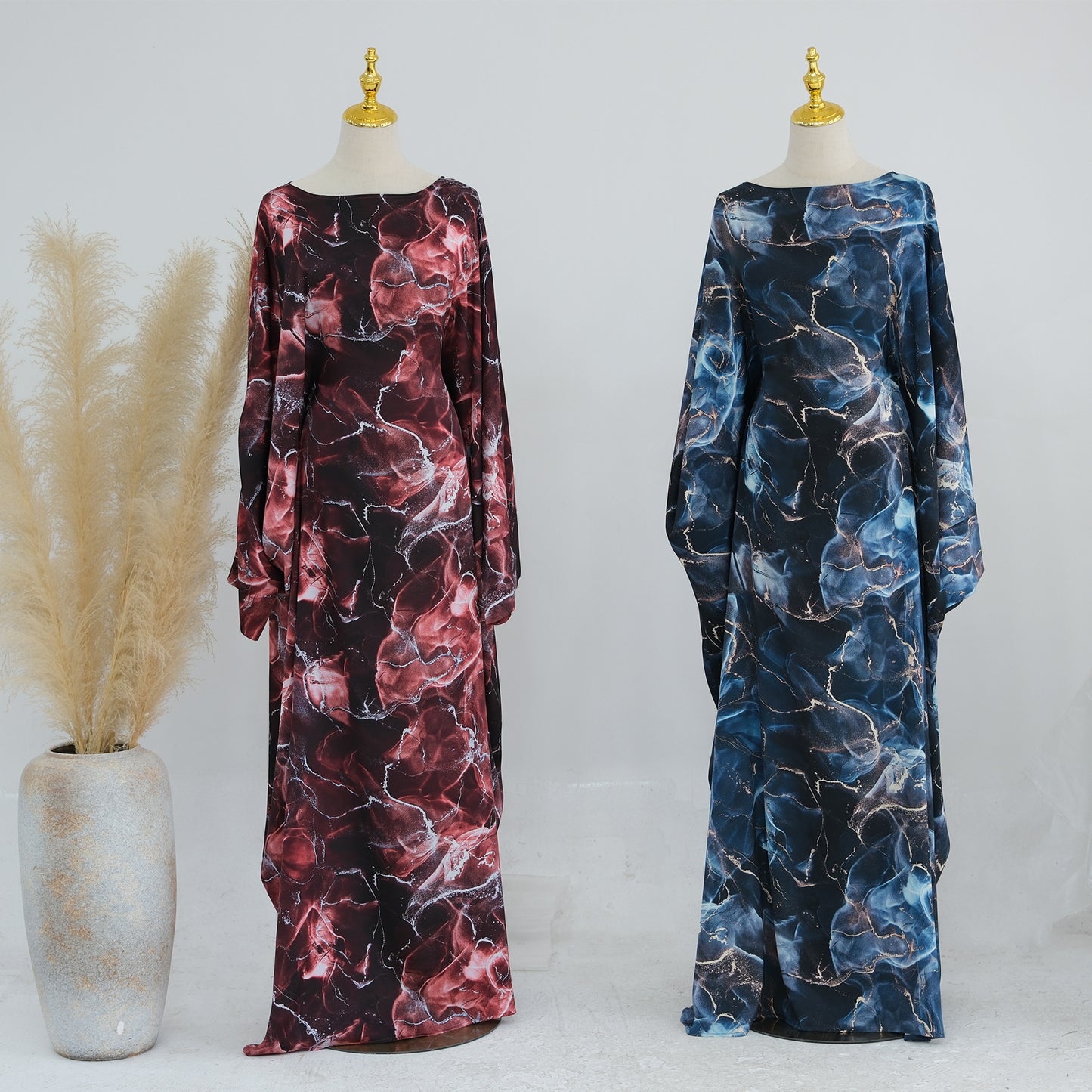 Satin Printed Maxi Dress with Waist Belt and Batwing Sleeves