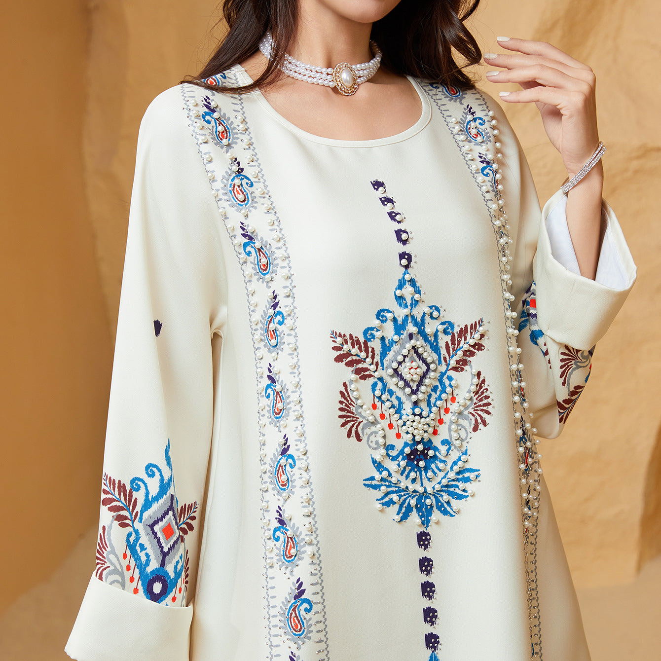 Muslim Polyester Pearl Rhinestone Party Maxi Dress