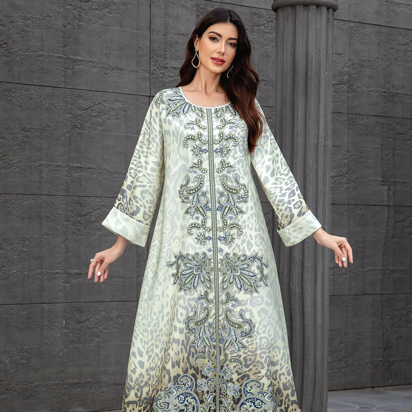 Leopard Beaded Rhinestone Muslim Kaftan Maxi Dress