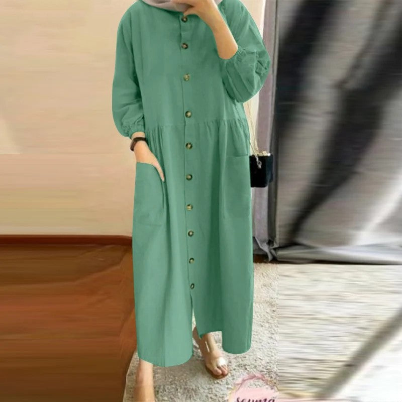 Button-Front Pocket Muslim Midi Day Dress