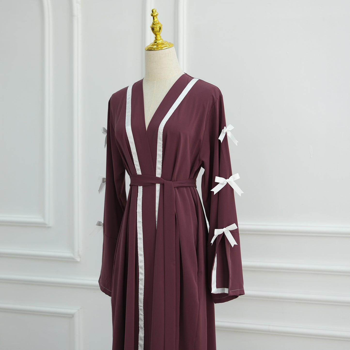 Bow Tie Open Abaya with Contrast Trim for Women
