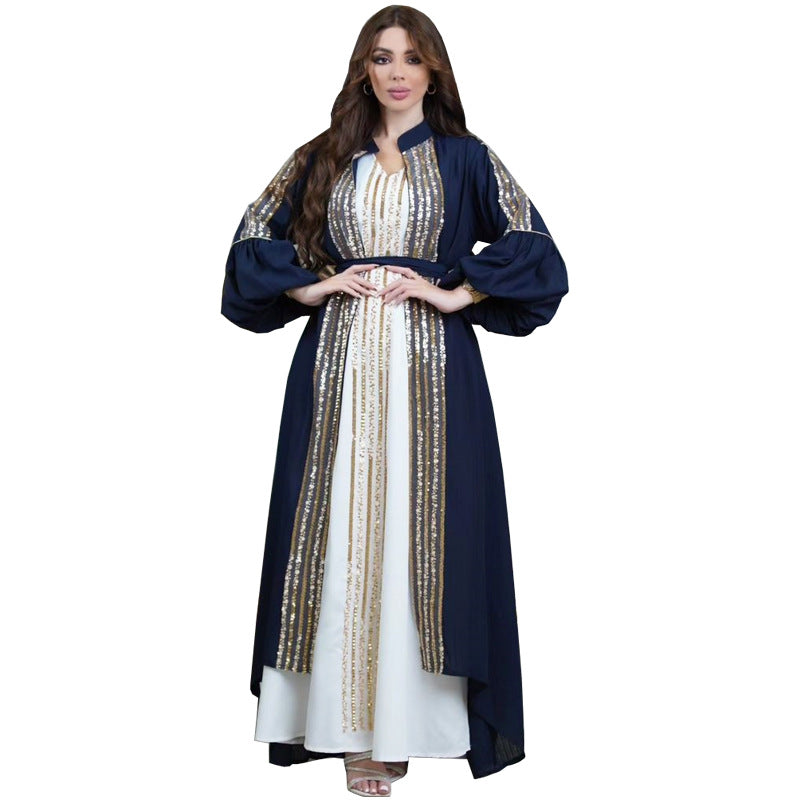 Beaded Embroidered Bubble Sleeve Dress Two Piece Set