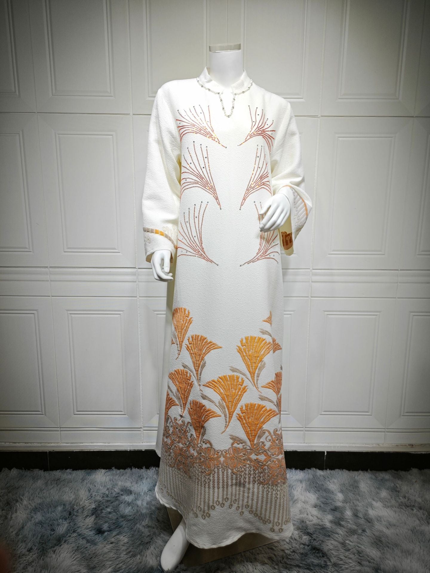 Muslim Women's Jacquard Dress with Rhinestones