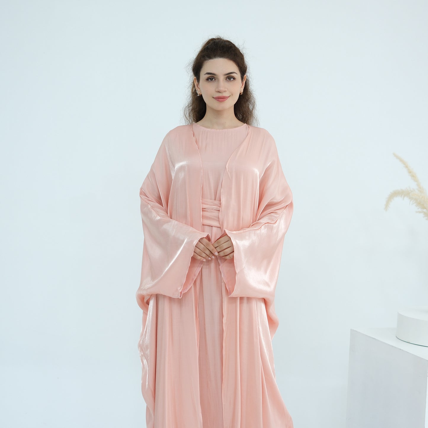 Elegant Solid Color Two Piece Abaya Set with Inner Dress