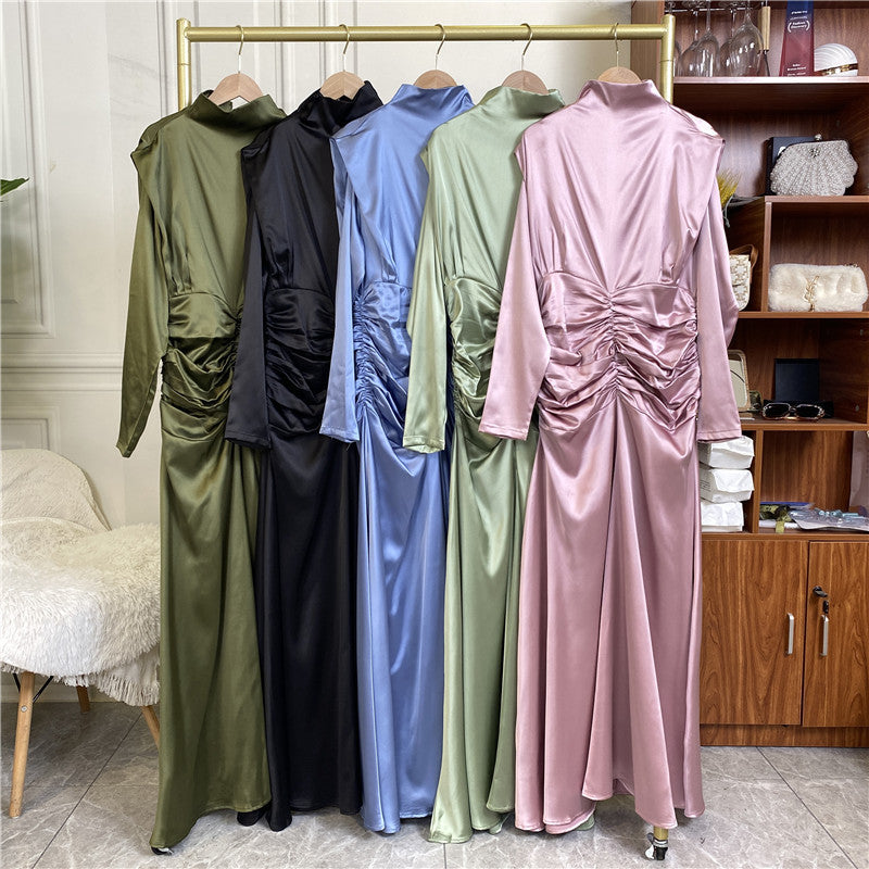 Satin Ruched High-Neck Muslim Evening Gown
