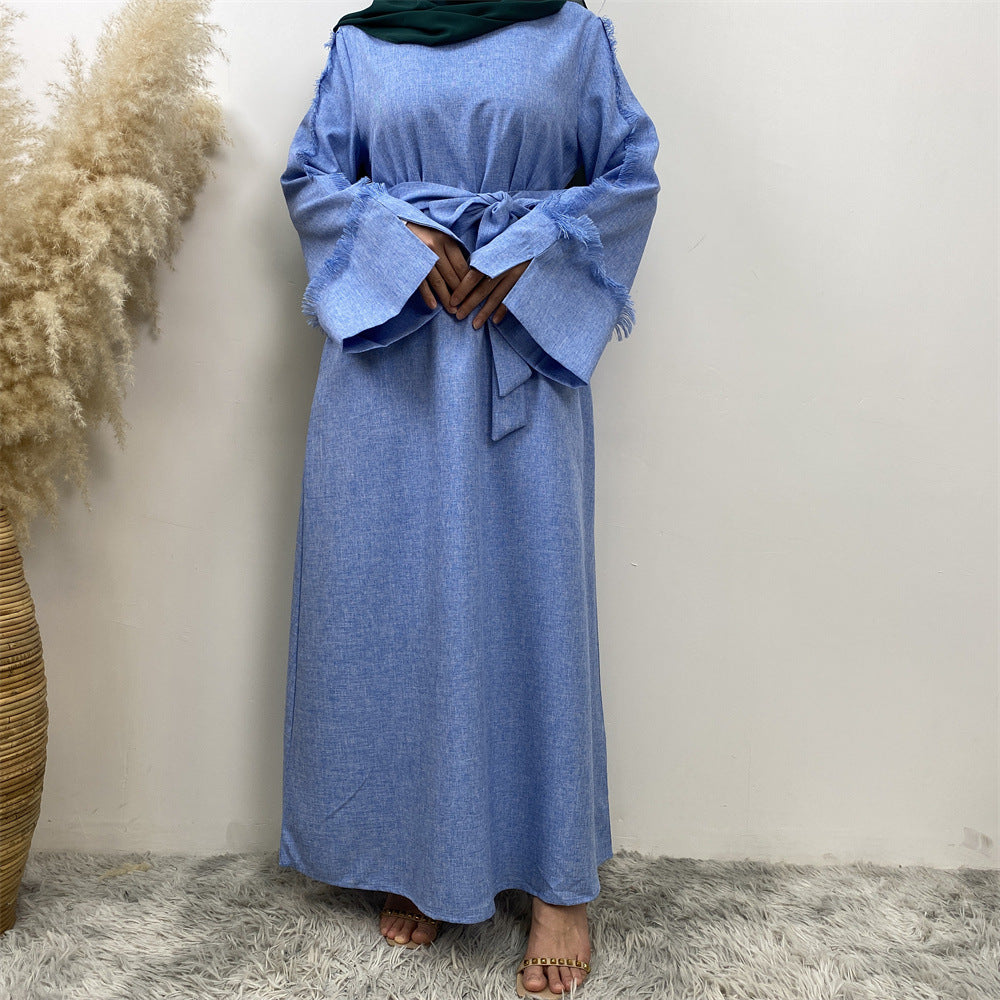 Fringe Sleeve Muslim Flare-Hem Maxi Dress