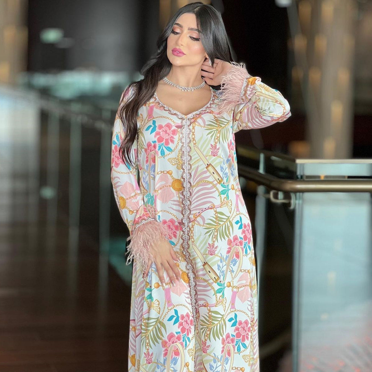 Hot Diamond Ostrich Feather Patchwork Printed Dress