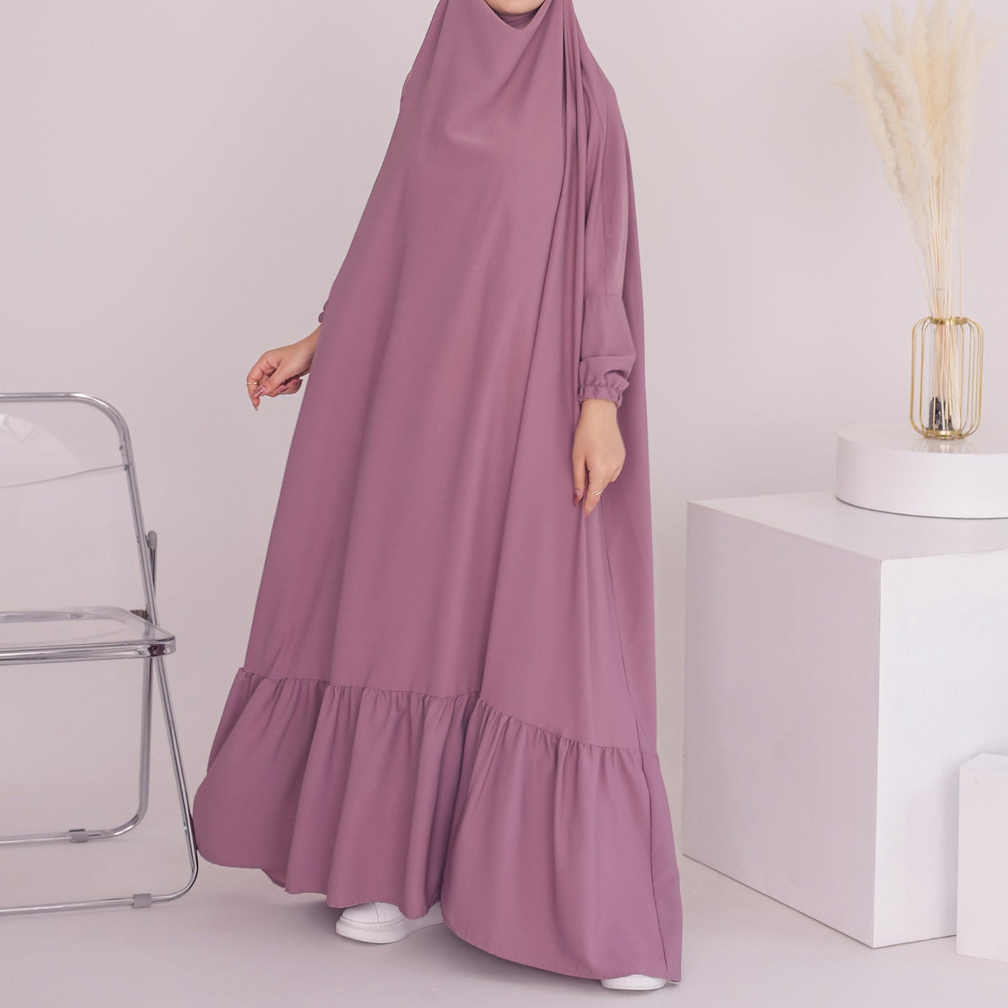 Women's Solid Color Robe Dress Jilbab Include Headscarf