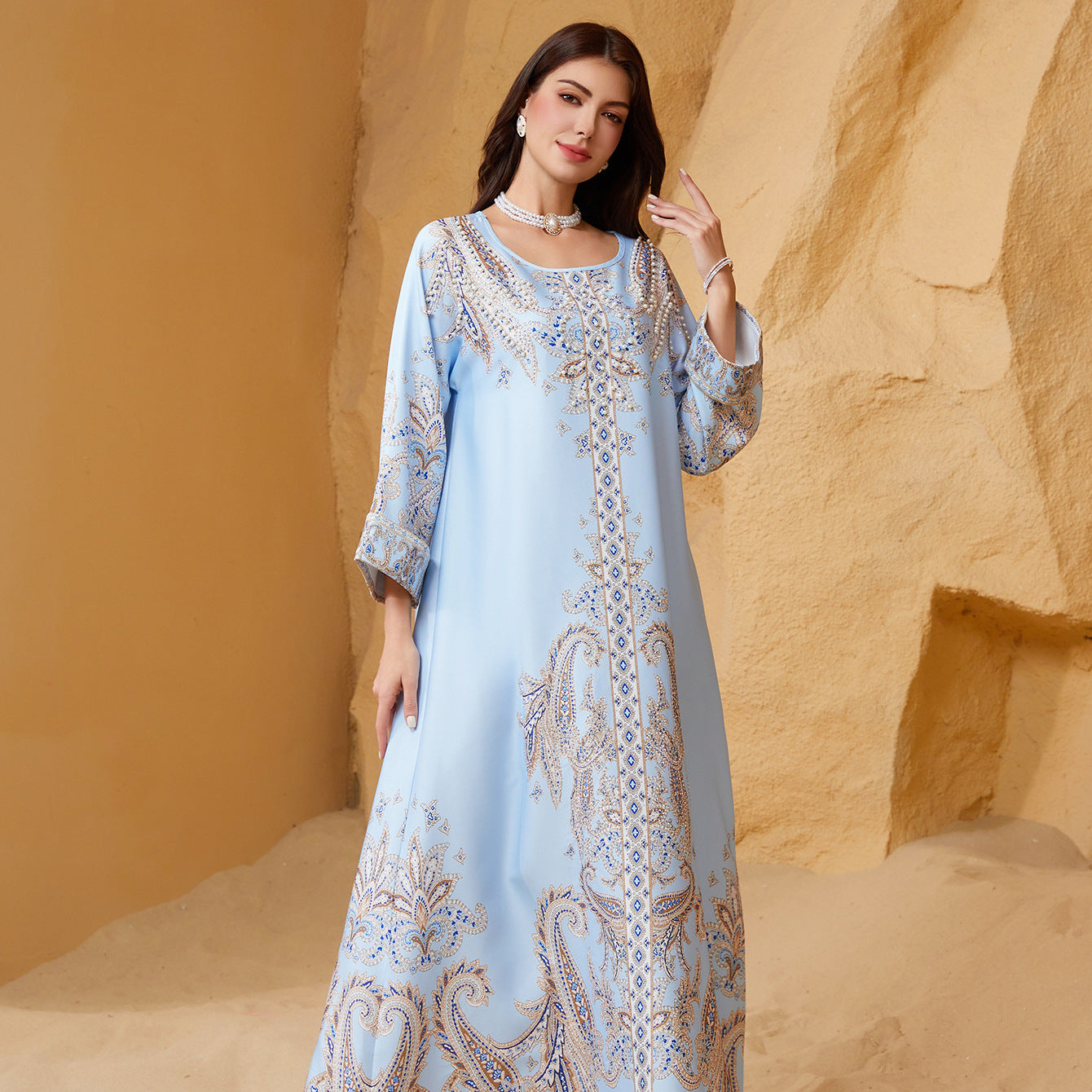 Beaded Rhinestone Sky-Blue Muslim Kaftan Maxi Dress