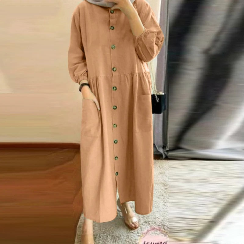 Button-Front Pocket Muslim Midi Day Dress