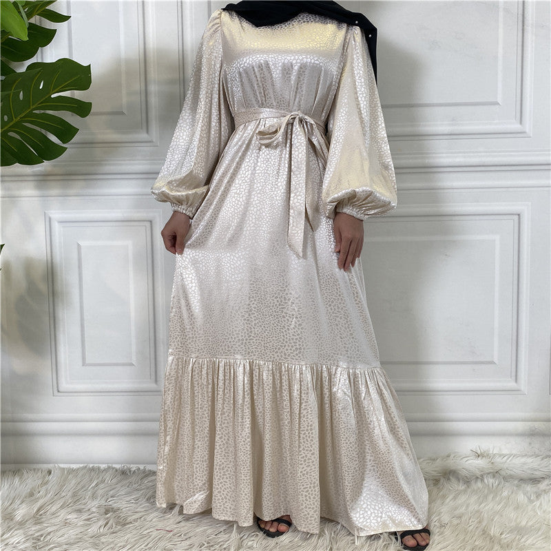 Modest Gold Jacquard Abaya Maxi Dress for Muslim Women