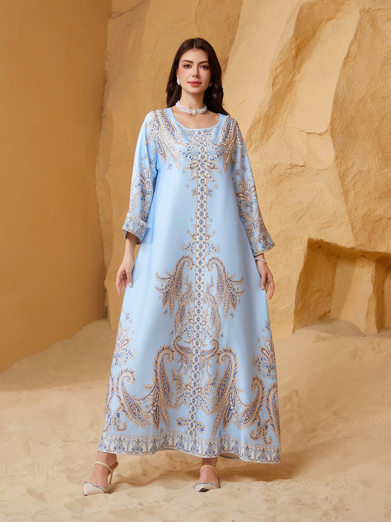 Beaded Rhinestone Sky-Blue Muslim Kaftan Maxi Dress