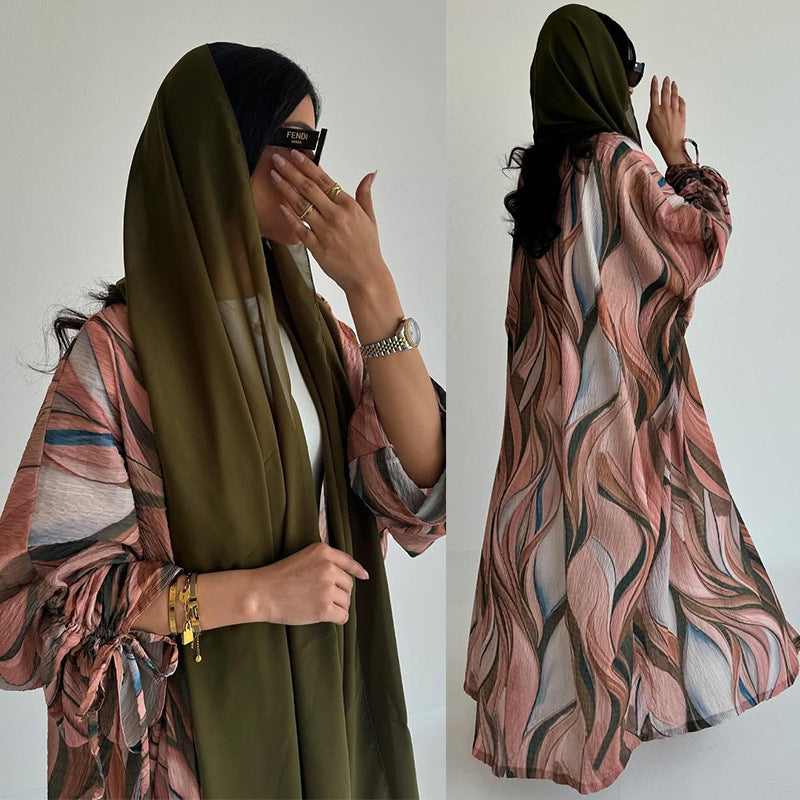 Women's Crinkled Linen Print Robe Open Abaya