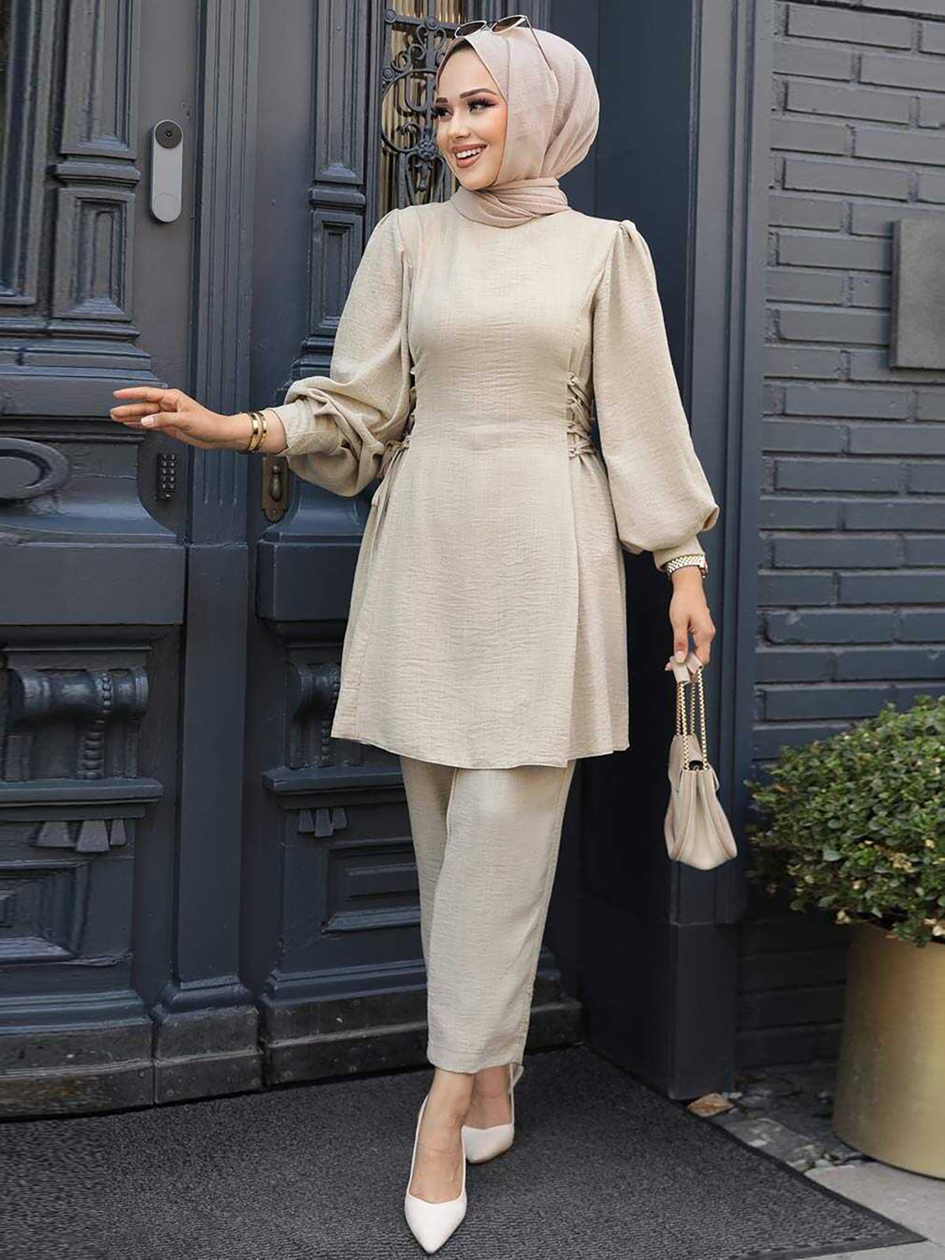 Women's Lace-up Balloon Sleeve Casual Suit
