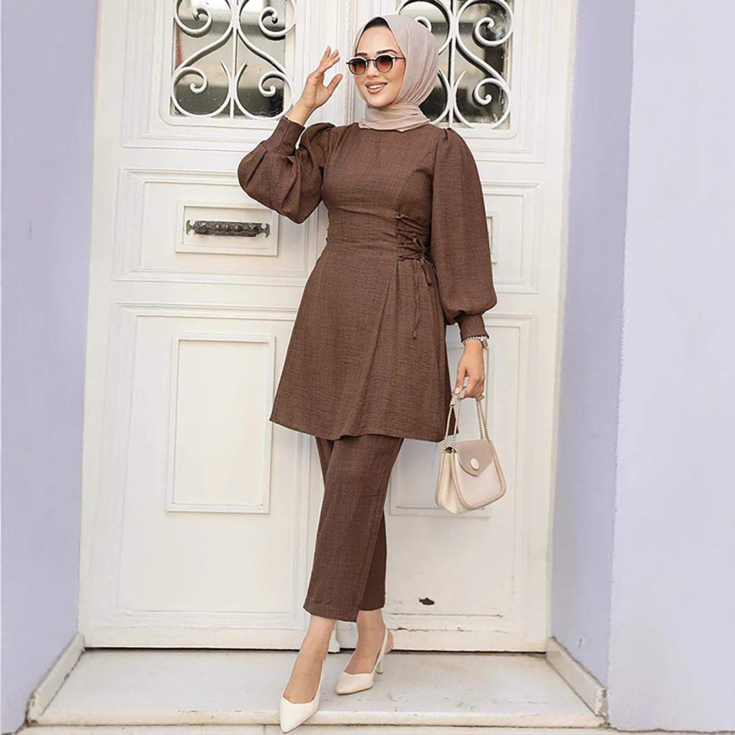 Women's Lace-up Balloon Sleeve Casual Suit
