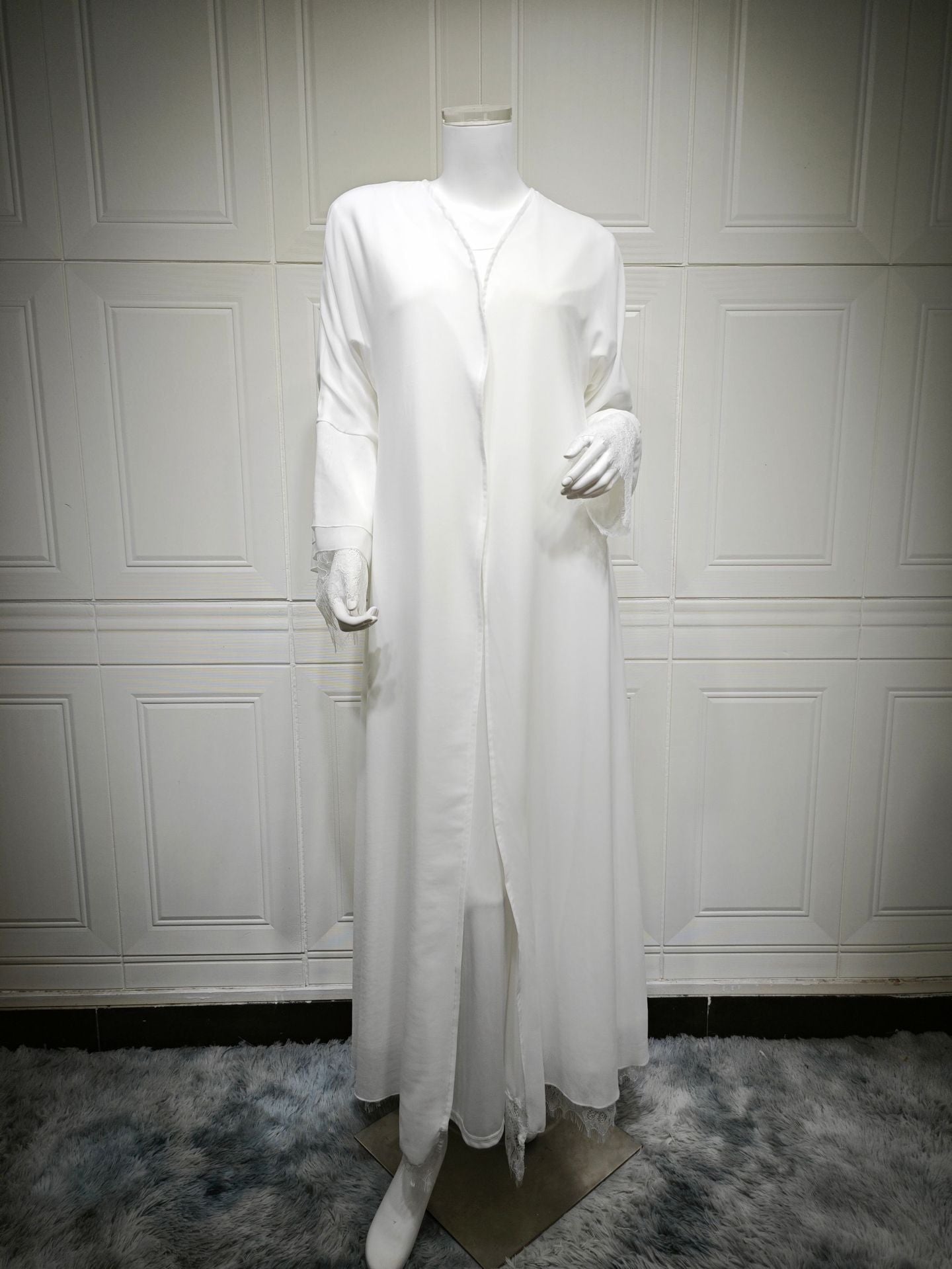 White Lace Trim Abaya with Matching Scarf Elegant Chiffon Robe