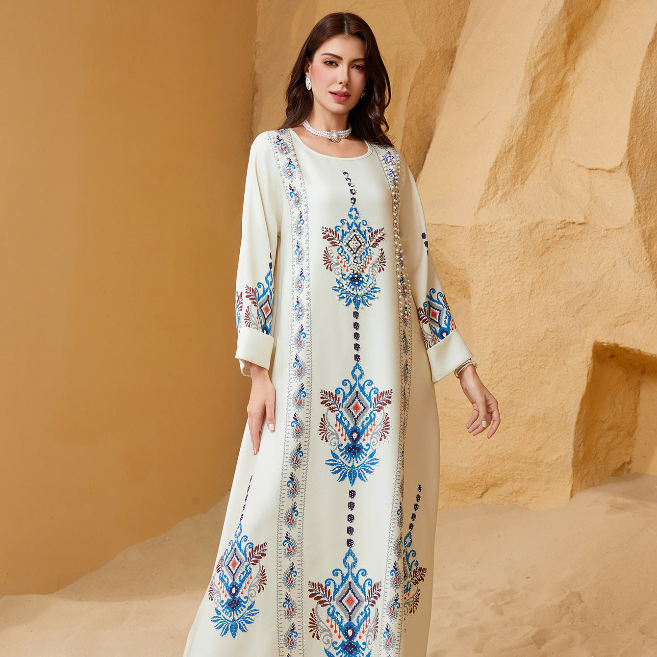 Muslim Polyester Pearl Rhinestone Party Maxi Dress