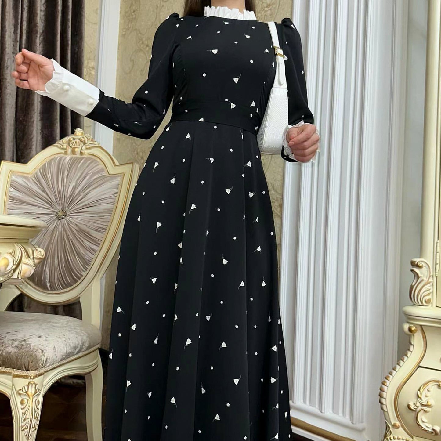 Women's Printed Black Abaya Dress