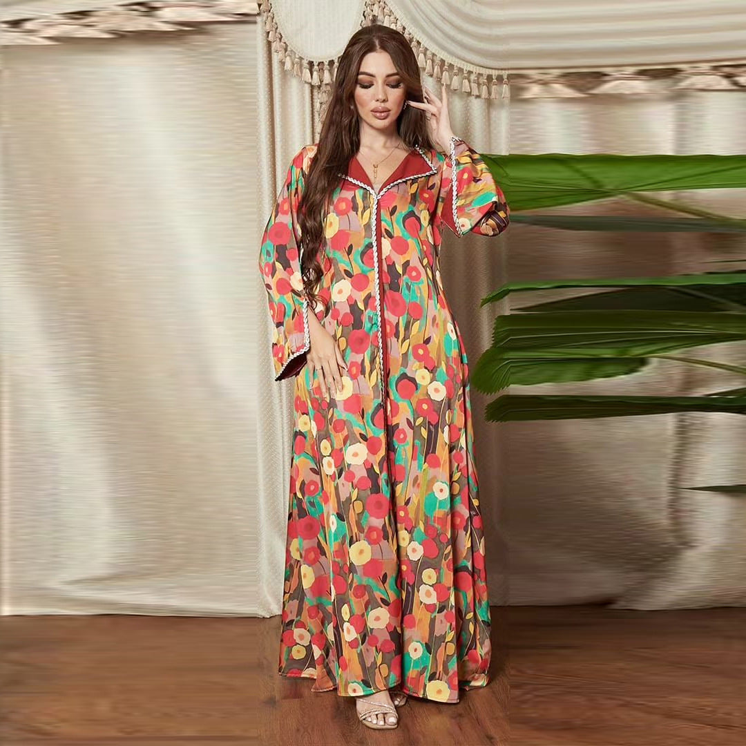 Women's Print Satin-paneled Jalabiya Dress