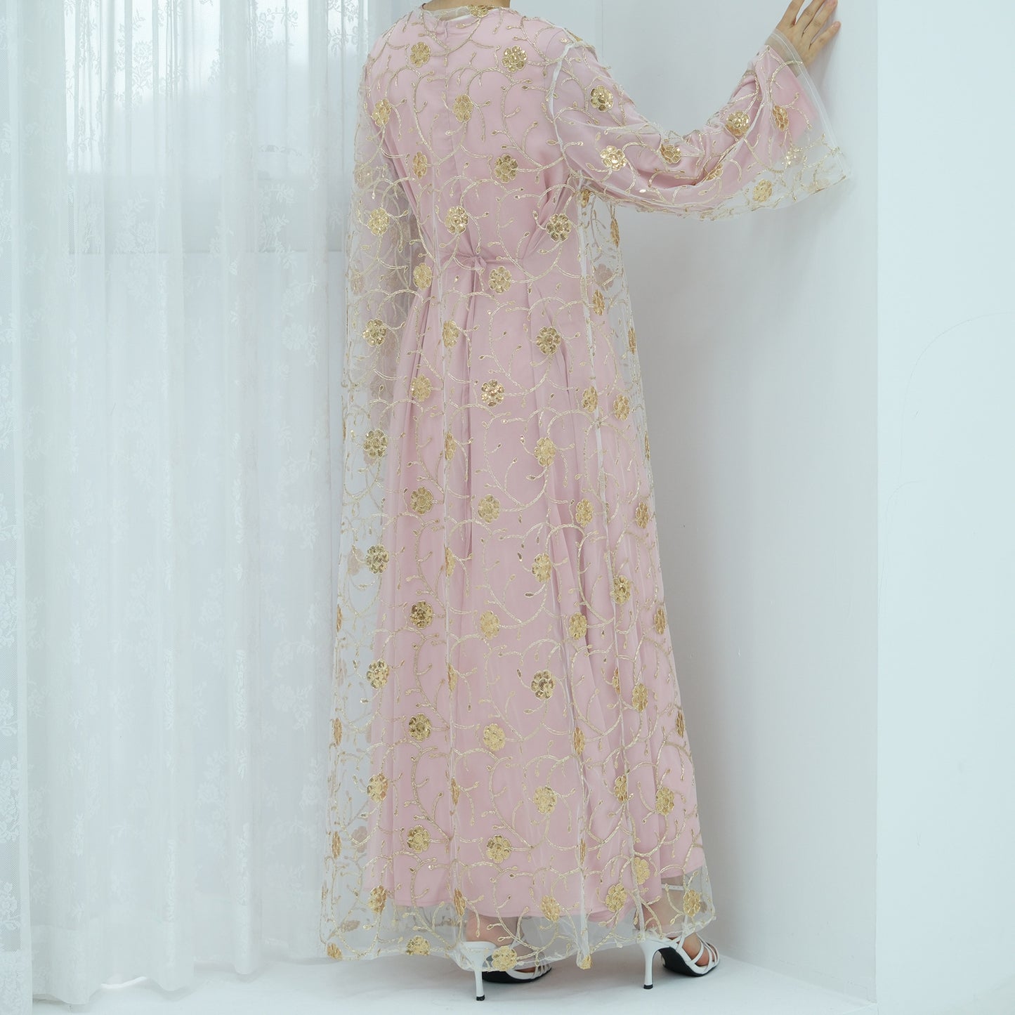 Gold Embroidered Lace Open Dress Elegant Evening Abaya