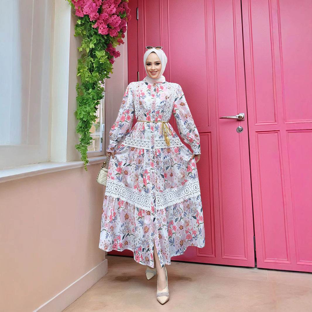 Embroidered Floral Modest Muslim Lantern Sleeve Maxi Dress