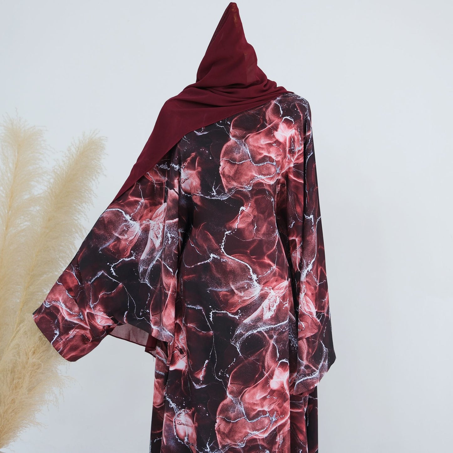 Satin Printed Maxi Dress with Waist Belt and Batwing Sleeves