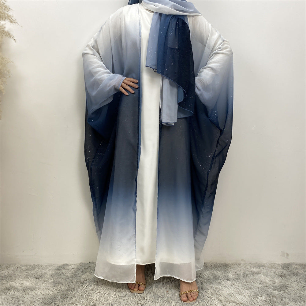 Muslim Chiffon Cardigan Gradient Bat Sleeve Set with Hijab