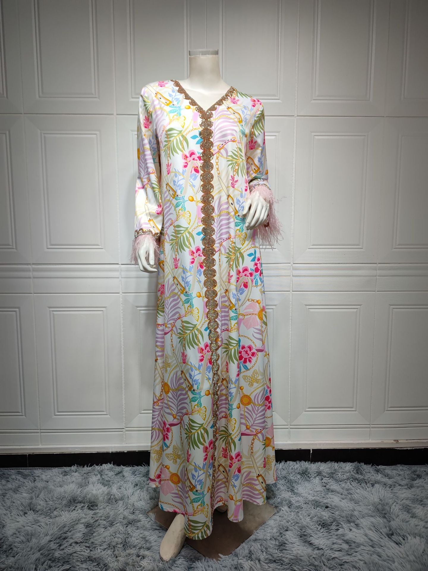 Hot Diamond Ostrich Feather Patchwork Printed Dress