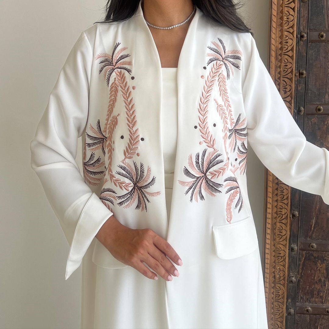 Women's White Embroidered Robe Open Abaya