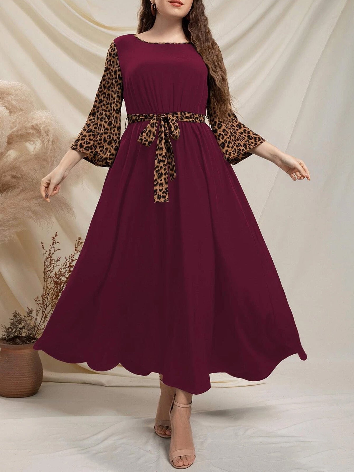Women's Leopard-print Flared Sleeve Patchwork Dress