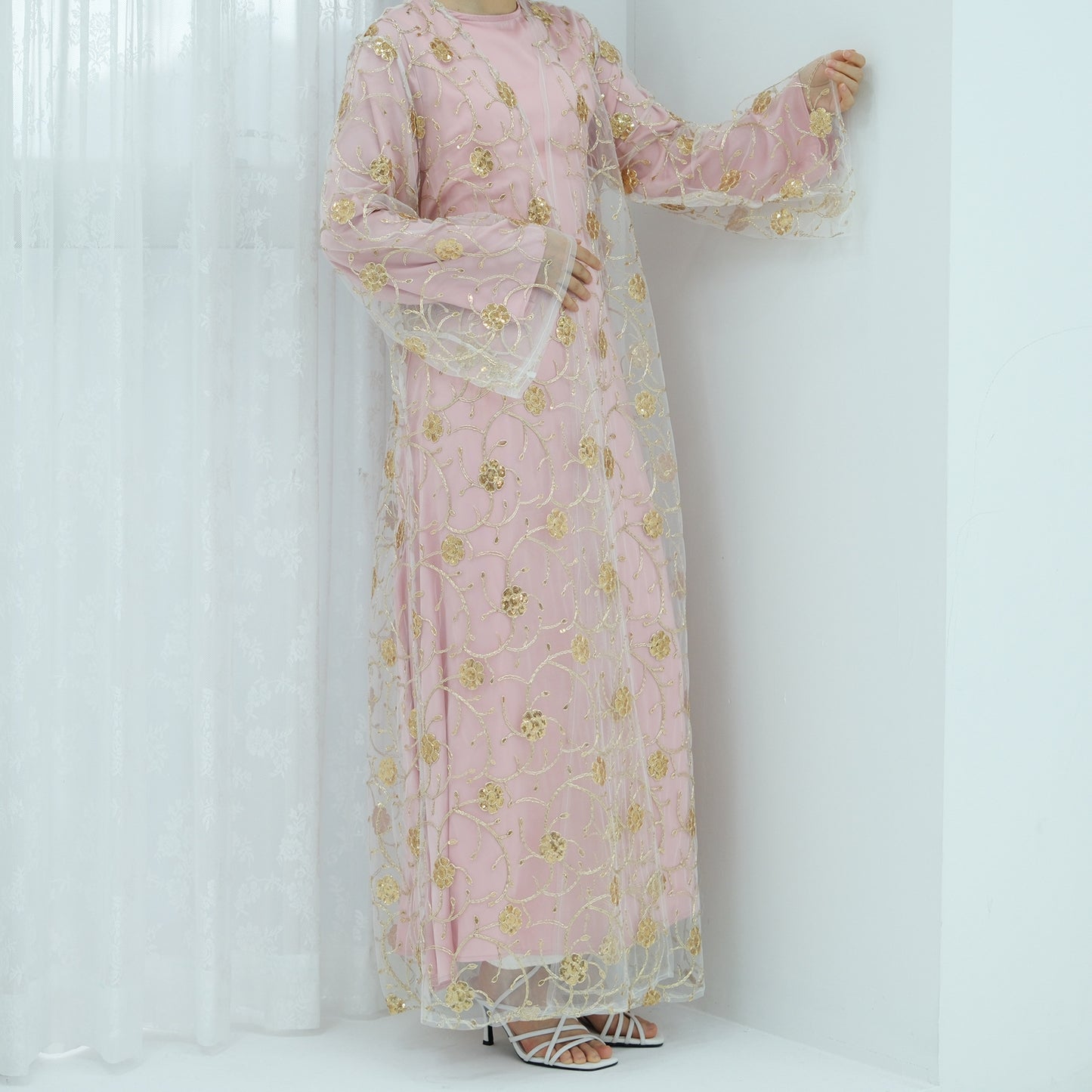 Gold Embroidered Lace Open Dress Elegant Evening Abaya
