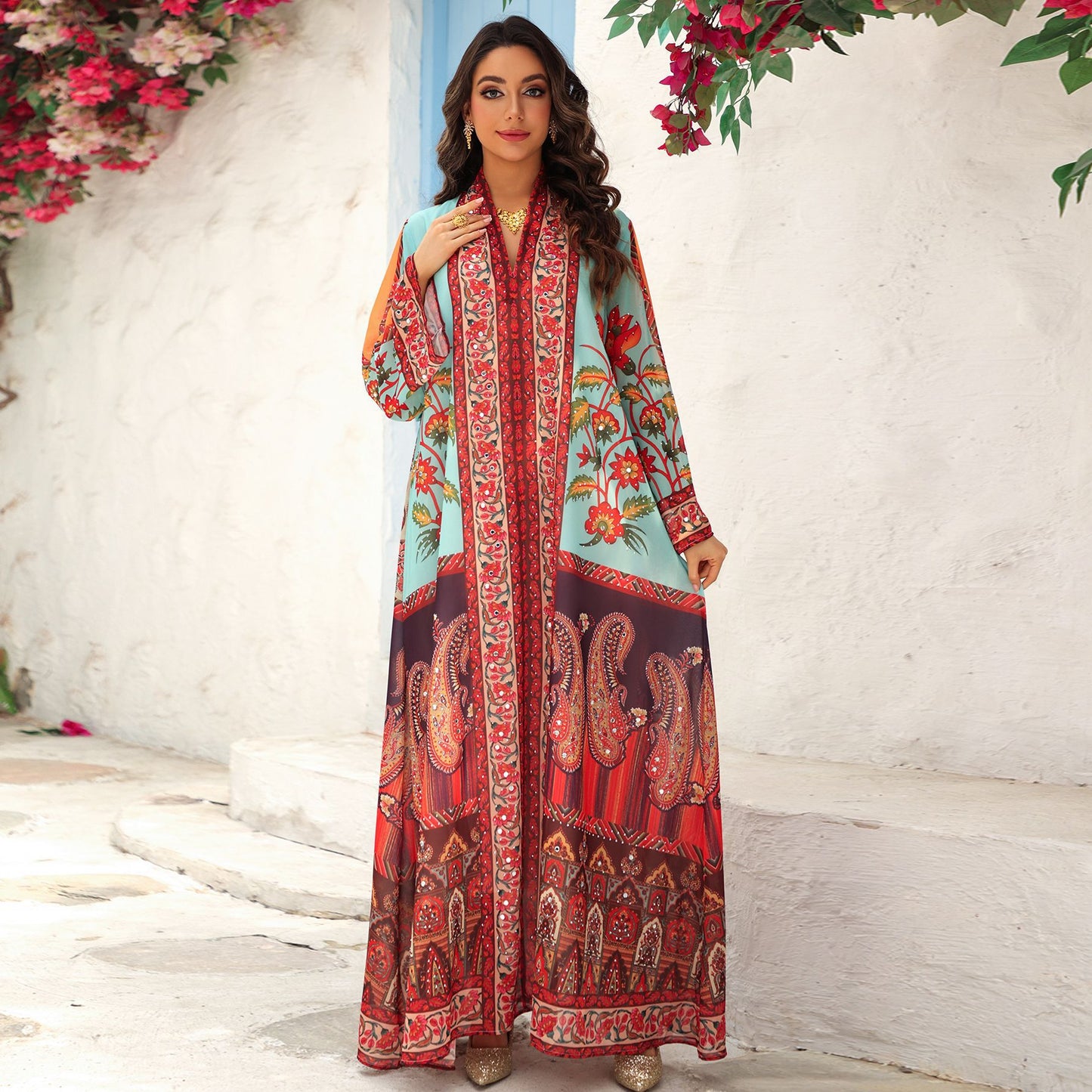 Pullover Printed Dress with Rhinestones