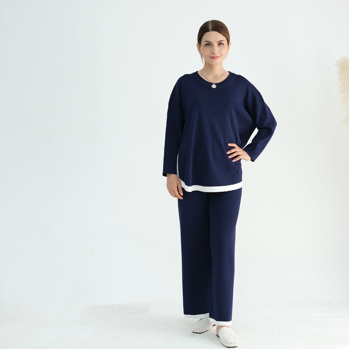 Thickened Knitted Sweater Wide-Leg Pants Trousers Two-Piece Set