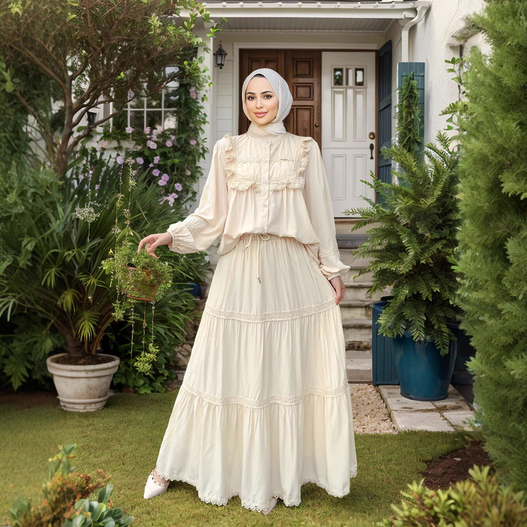 Lace Ruffle Trim Muslim Two-Piece Skirt Set