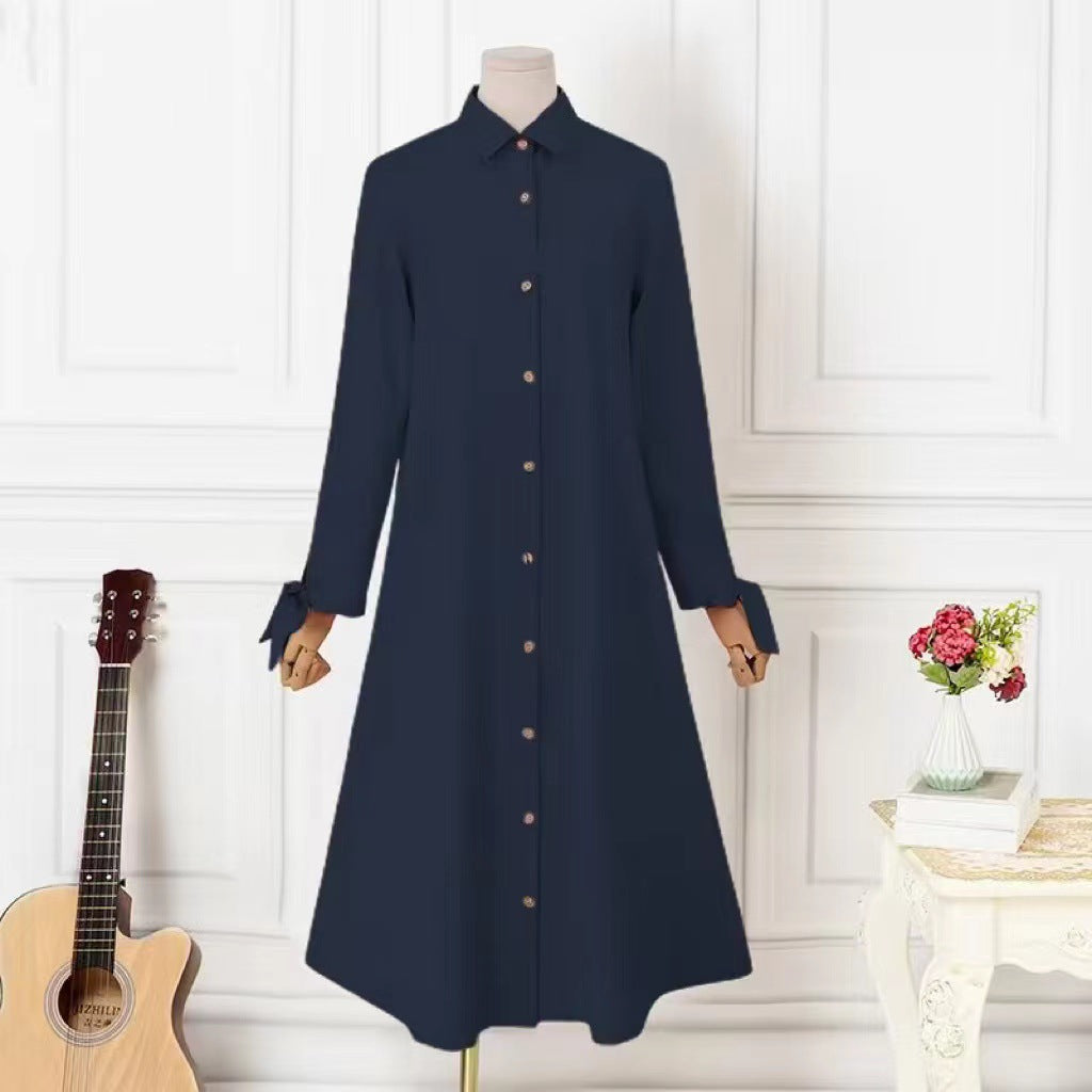 Women's Long-sleeved Solid Color Wooden Button-down Shirt Dress