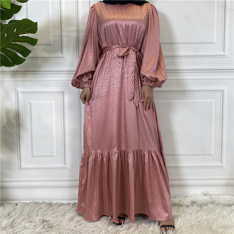 Modest Gold Jacquard Abaya Maxi Dress for Muslim Women